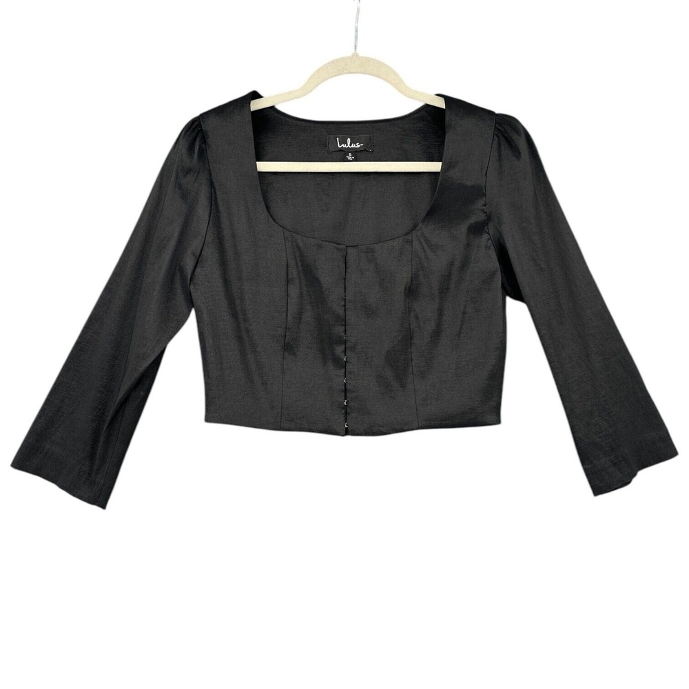 Lulus Black Starlit Night 3/4 Sleeve Square Neck Button Front Cropped Top Small